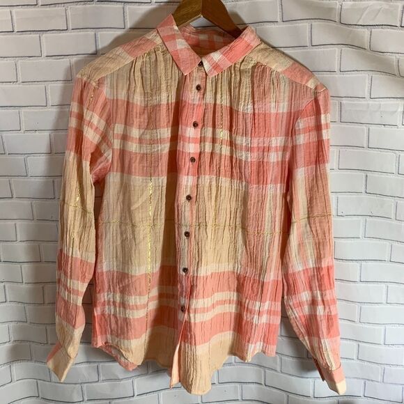 Anthro Holding Horses Pink Plaid Blouse Sz 6 - Picture 2 of 6